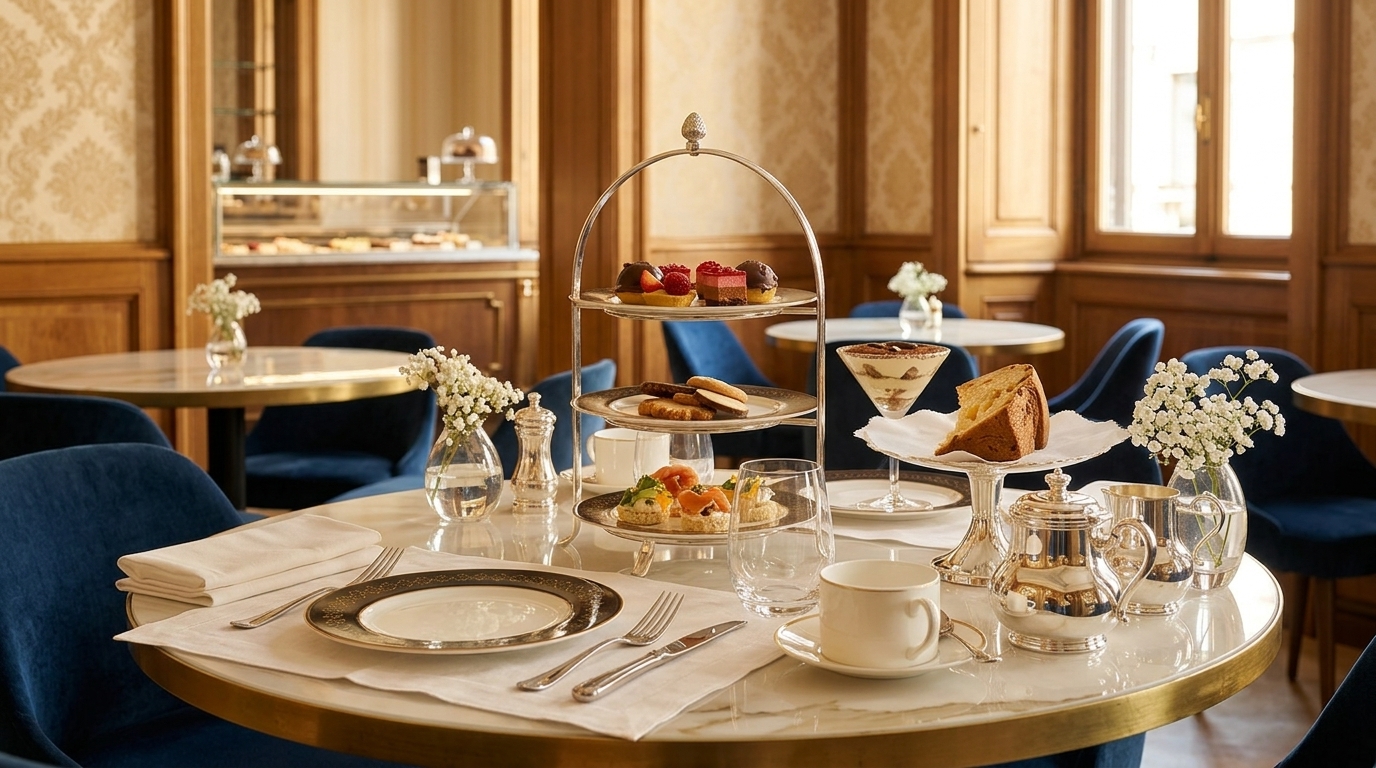Cova afternoon tea stand with pastries and tea